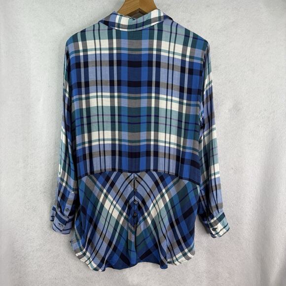 Talbots Womens Plus Sz 2X Blue Plaid Rayon Button Up Blouse‎ Pocket Long Sleeve - Picture 2 of 6